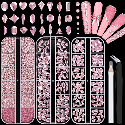 2750Pcs Pink Glass Nail Rhinestones 240Pcs Multi Shapes Flatback Nail Gems + 2510Pcs 1.5-4mm Round Crystal, Manicure Nail Charms Diamond Gemstones for Acrylic Nails Decoration