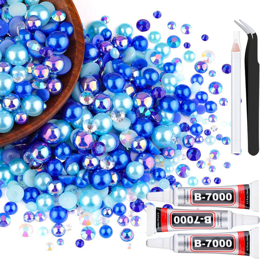 80g Flatback Pearls and Rhinestones for Crafting, Dark Blue 3-10mm Resin Rhinestones and Half