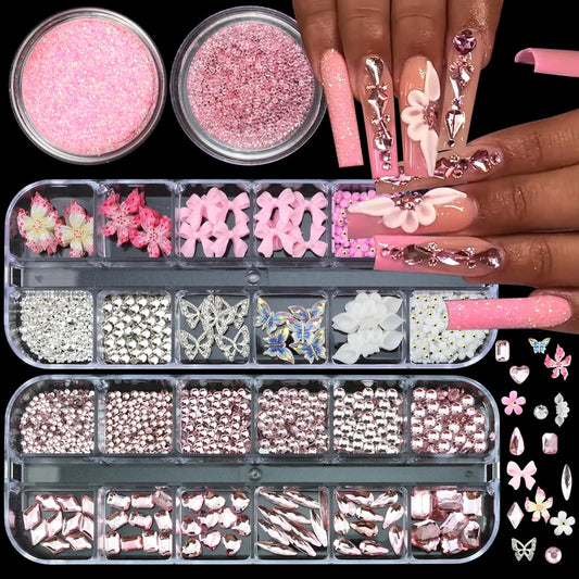 4 Boxes Pink Nail Gems Bow Flower Nail Charms for Acrylics - Irregular Crystals, Nails Rhinestone &