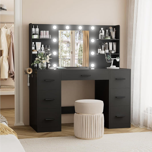 YESHOMY Vanity Desk with Mirror, Power Outlet and 10 Lights, Makeup Table with 7 Drawers, 3 Color Modes Available for Bedroom, Dark Black