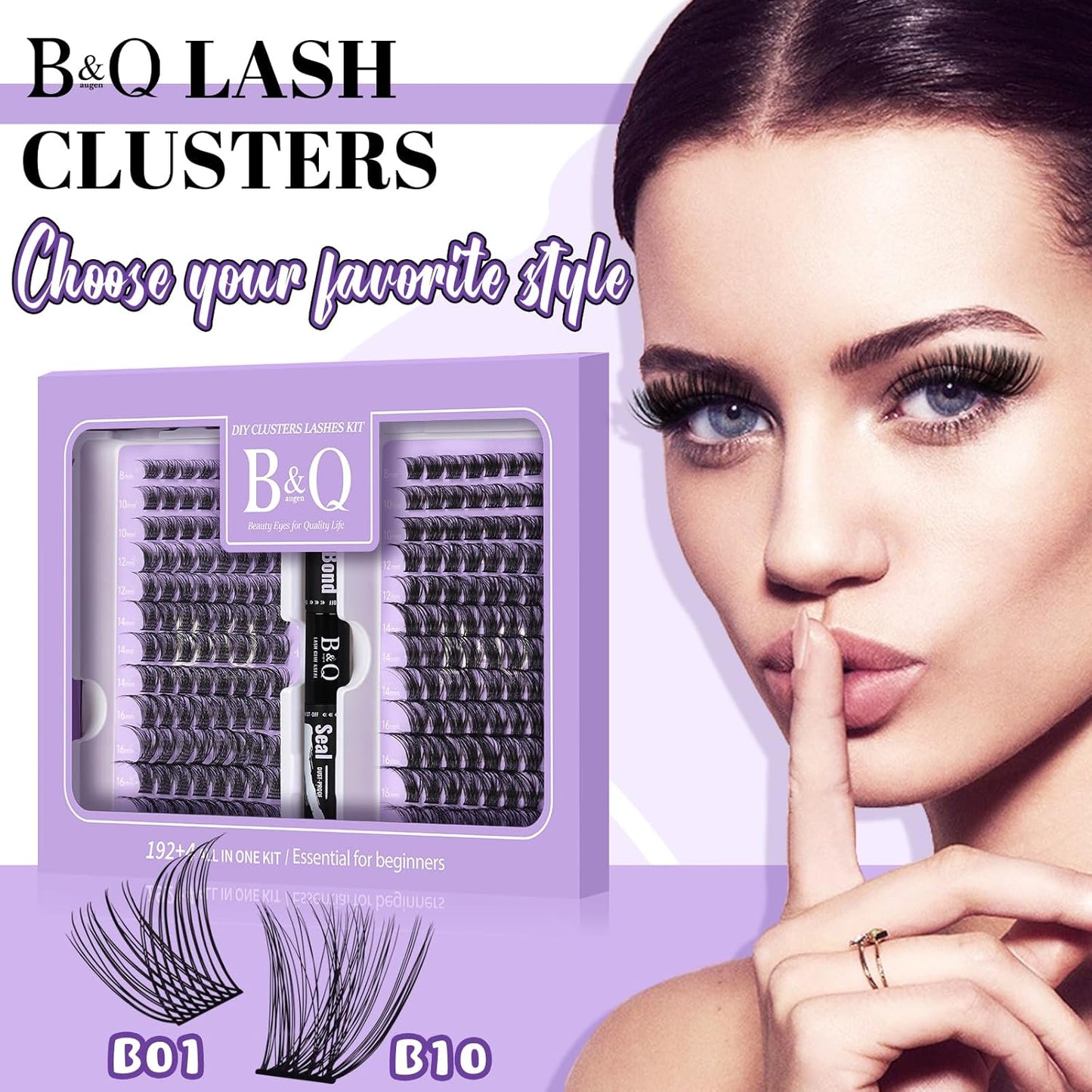 Lash Extension Kit 192 pcs Eyelash Extension Kit B01+B10 8-18mm Mixed Lash Clusters Kit Individual Lashes Kit Wispy with Lash Glue and Remover Applications Eyelash Kit (B01+B10, Kit)