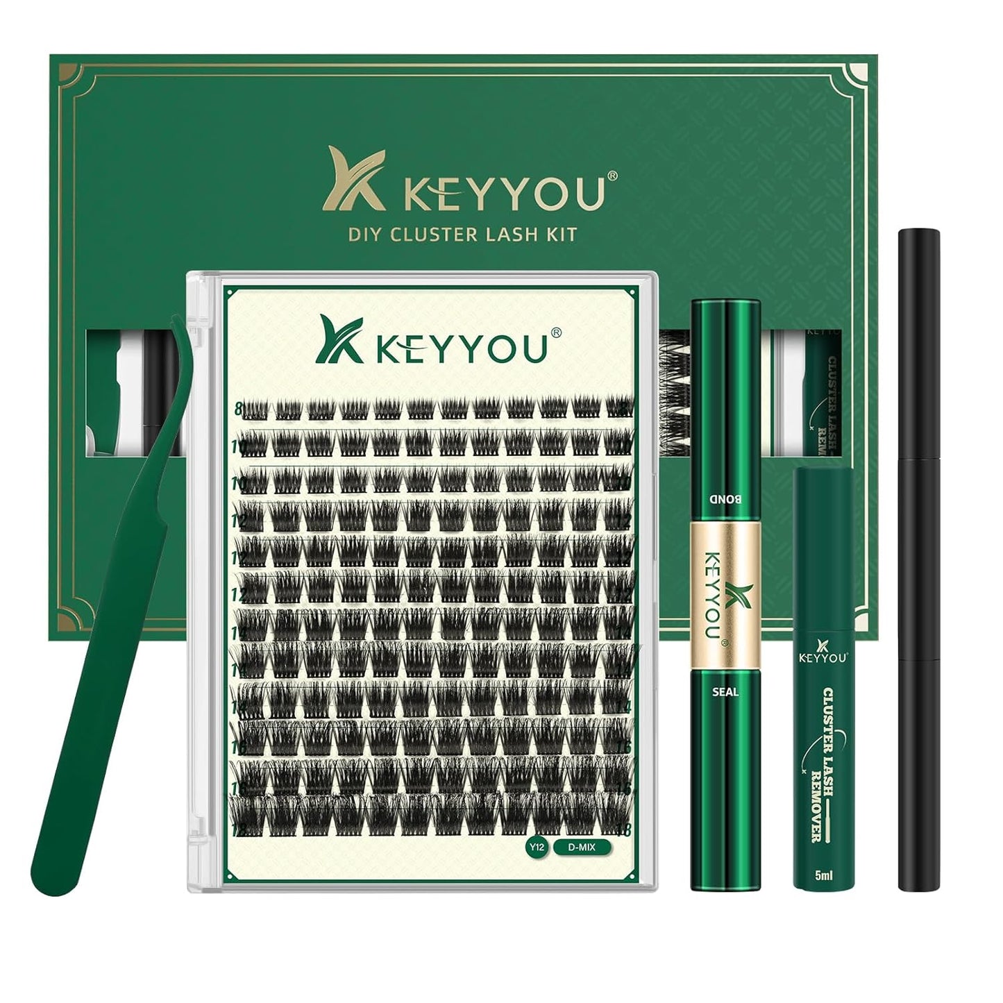 DIY Lash Extension Kit KEYYOU 144pcs Lash Clusters Eyelash Extension Kit with Mascara Brush Bond and Seal Lash Remover Lash Applicators Lash Brush for DIY Lash Extensions (Y12 Kit)