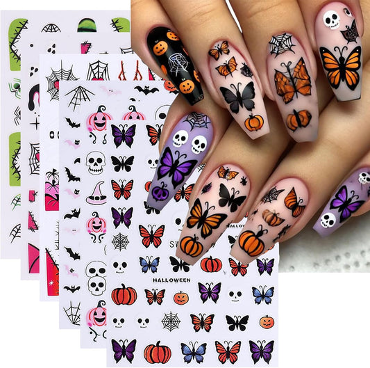 6 Sheets Halloween Nail Art Stickers Decals 3D Self-Adhesive Cartoon Bat Spider Web Skull Nail