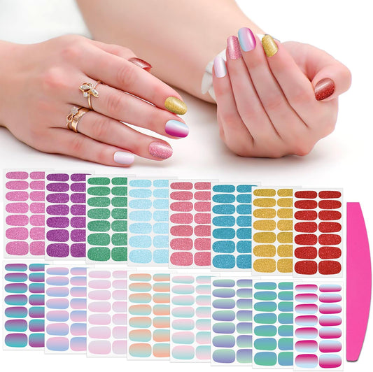 SILPECWEE 16 Sheets Bright Color Nail Polish Stickers Full Nail Wraps Glitter Mermaid Color Gel