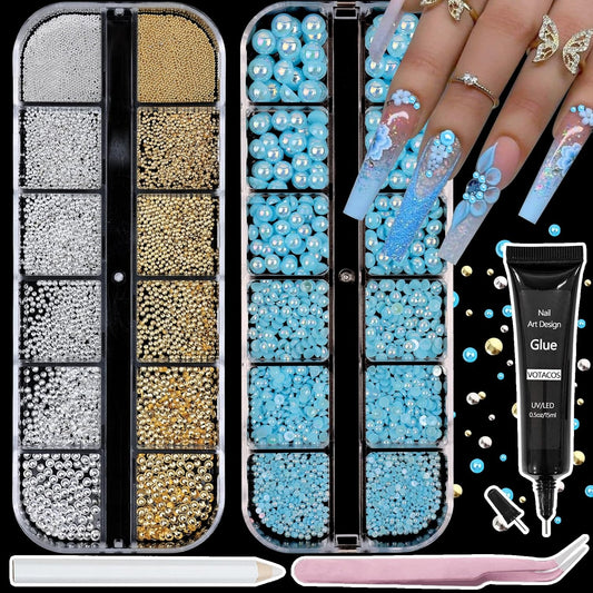 Nail Art Pearls with Rhinestones Glue Gel Flatback Pearls Nail Charms Luxurious Nails Supplies