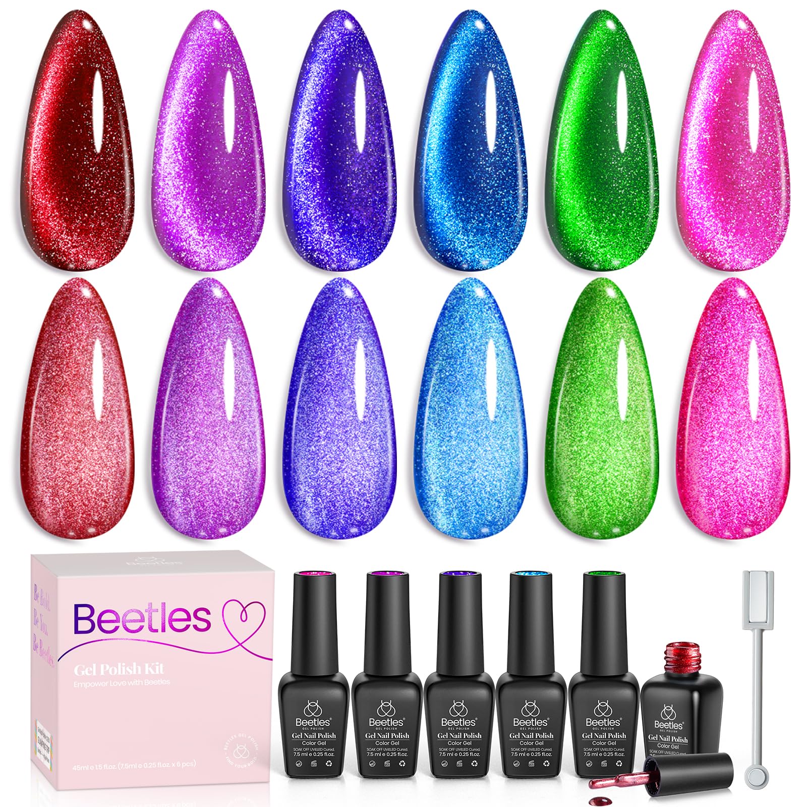 Beetles Cat Eye Gel Nail Polish Set, 6 Colors Cat Eye Glitter Gel Polish