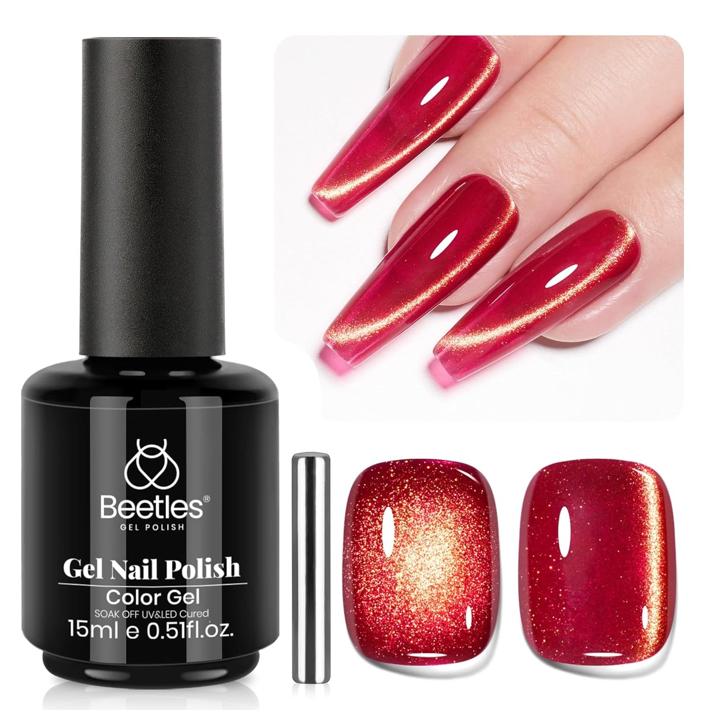 Beetles Red Cat Eye Gel Nail Polish - 15ML Cherry Red Glass Magnetic Cat Eye Glitter Gel Polish with Gold Powder Soak Off UV Twilight Toast Collection Nail Art Design Manicure Gifts for Women