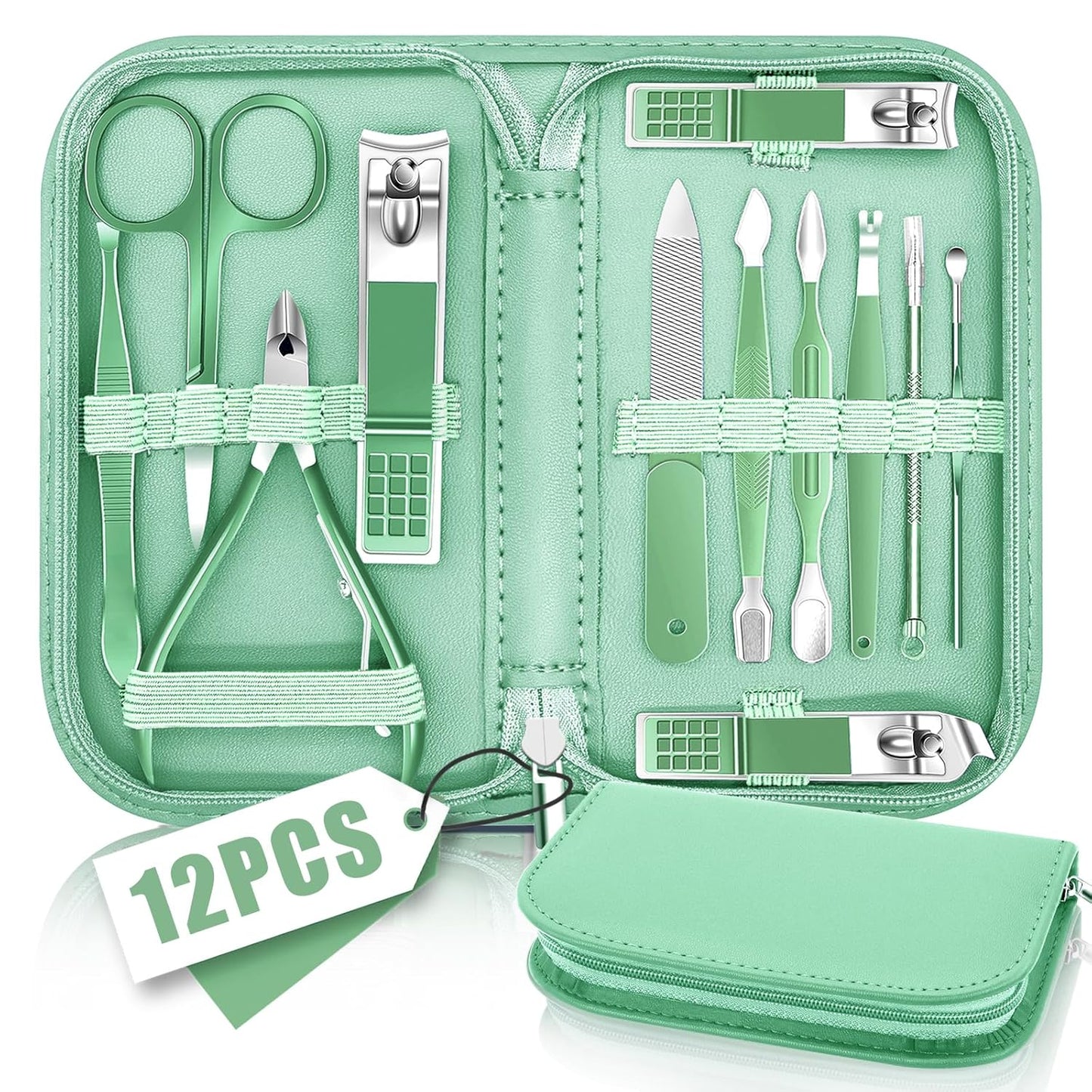 Manicure Pedicure Set, Nail Clipper Set for Men Women, Professional Manicure Kit Pedicure Kit, Nail Care Kit with Green Travel Leather Bag, Set 12 in 1
