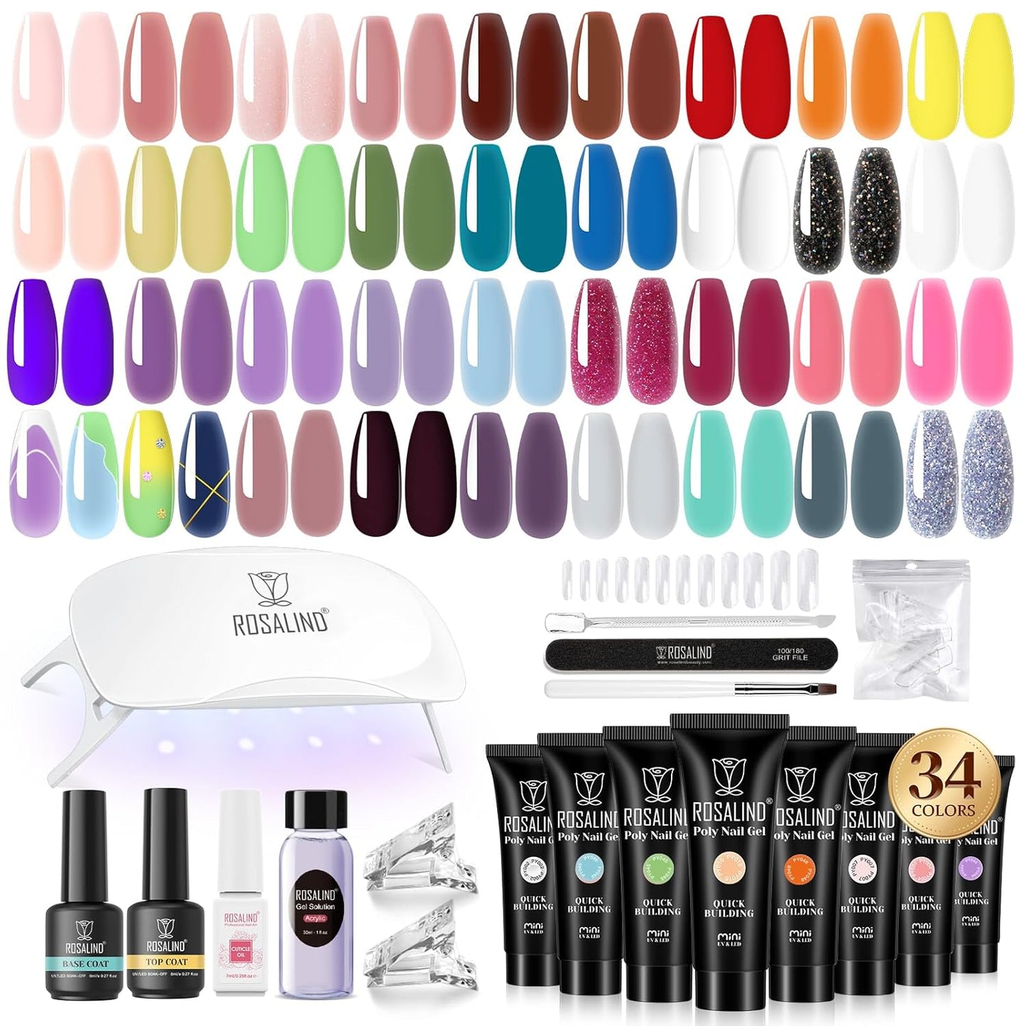 ROSALIND Coloful Poly Nail Gel Kit -34 Colors + Neon Accessories Clear Nude Poly Nails Gel Starter Kit with Mini UV Lamp Slip Solution Summer Halloween Extensions Kit