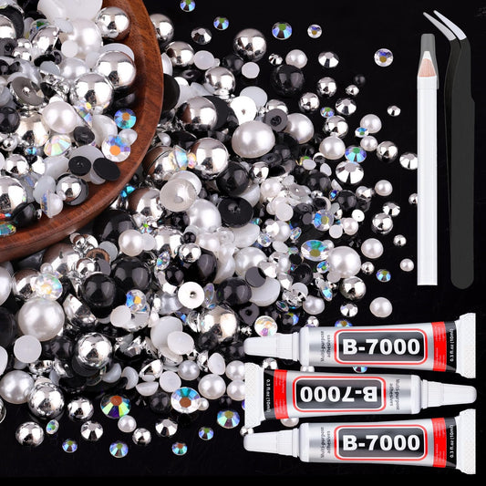 80g Flatback Pearls and Rhinestones for Crafting, Black White 3-10mm Resin Rhinestones and Half