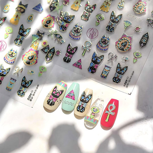 Dedyel Cute Nail Stickers 5D Embossed Cartoon Cat Kawaii Animal Self-Adhesive Nail Decals for Women