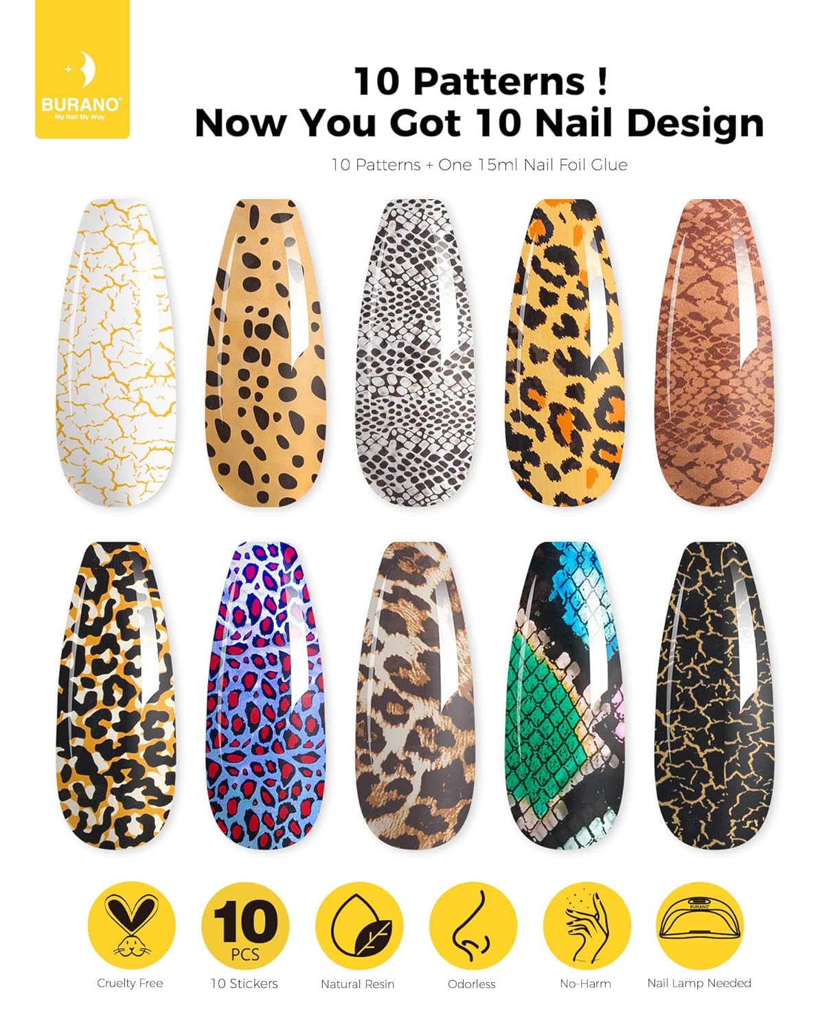 BURANO Nail Art Nail Foil Glue Gel, o.5 oz with 10PCS Foil Stickers Set Nail Foil Glue for Nails Foil Transfer Gel, Nail Design DIY UV LED Lamp Required (Animal Foil 06)