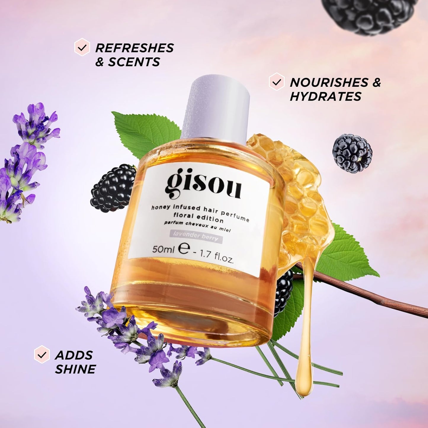 Gisou Honey Infused Hair Perfume Floral Edition - Lavender Berry, A Warm and Luxurious Fragrance with an Earthy and Indulgent Scent, Nourishing and Hydrating Hair Shine Spray (1.7 fl oz)