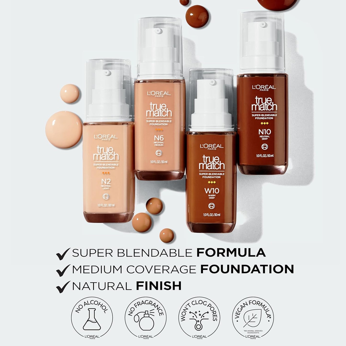 L'Oreal Paris True Match Super-Blendable Foundation, Medium Coverage Liquid Foundation Makeup, N0.5, Light, 1 Fl Oz