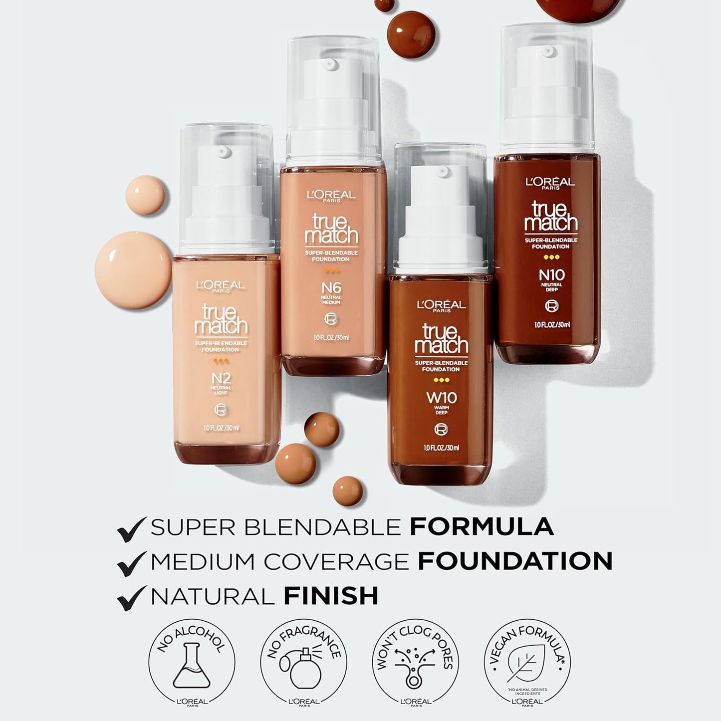 L'Oreal Paris True Match Super-Blendable Foundation, Medium Coverage Liquid Foundation Makeup, N4, Light Medium, 1 Fl Oz