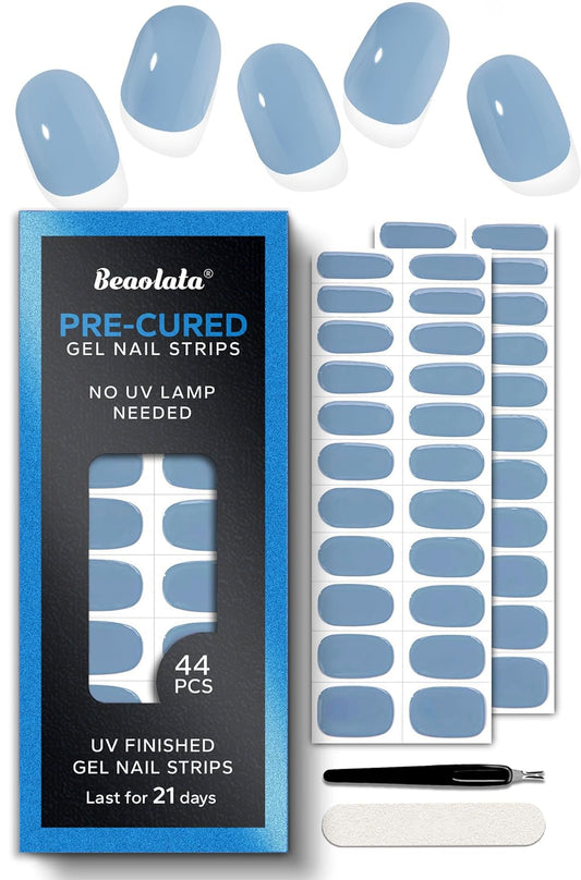 Pre Cured Gel Nail Strips - 44PCS Salon Quality Gel Nail Stickers - Long Lasting Polish Wraps for