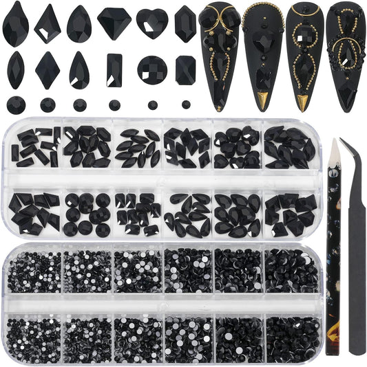 Nail Rhinestones - 3D Multi Shape Size, Flat Back, Manicure Rhinestones Charms, Crystal Black Gems