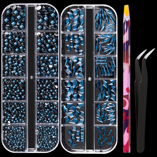 Multi Shapes Black Blue 3D Glass Crystal Nail Art Rhinestones Kit with Flatback Round Bead Charm