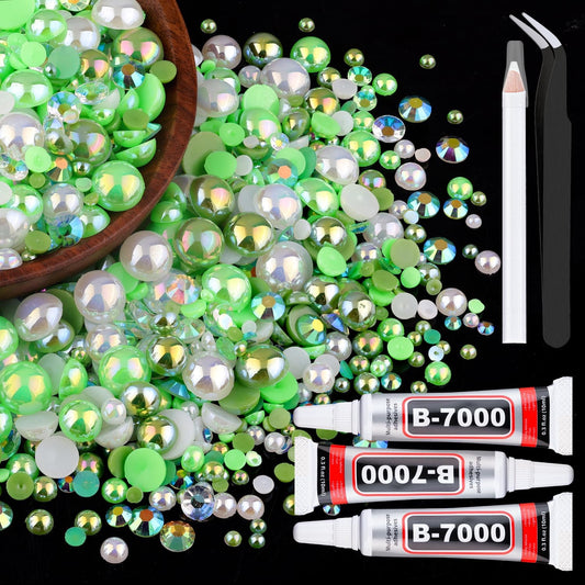 80g Flatback Pearls and Rhinestones for Crafting, Green 3-10mm Resin Rhinestones and Half Pearls