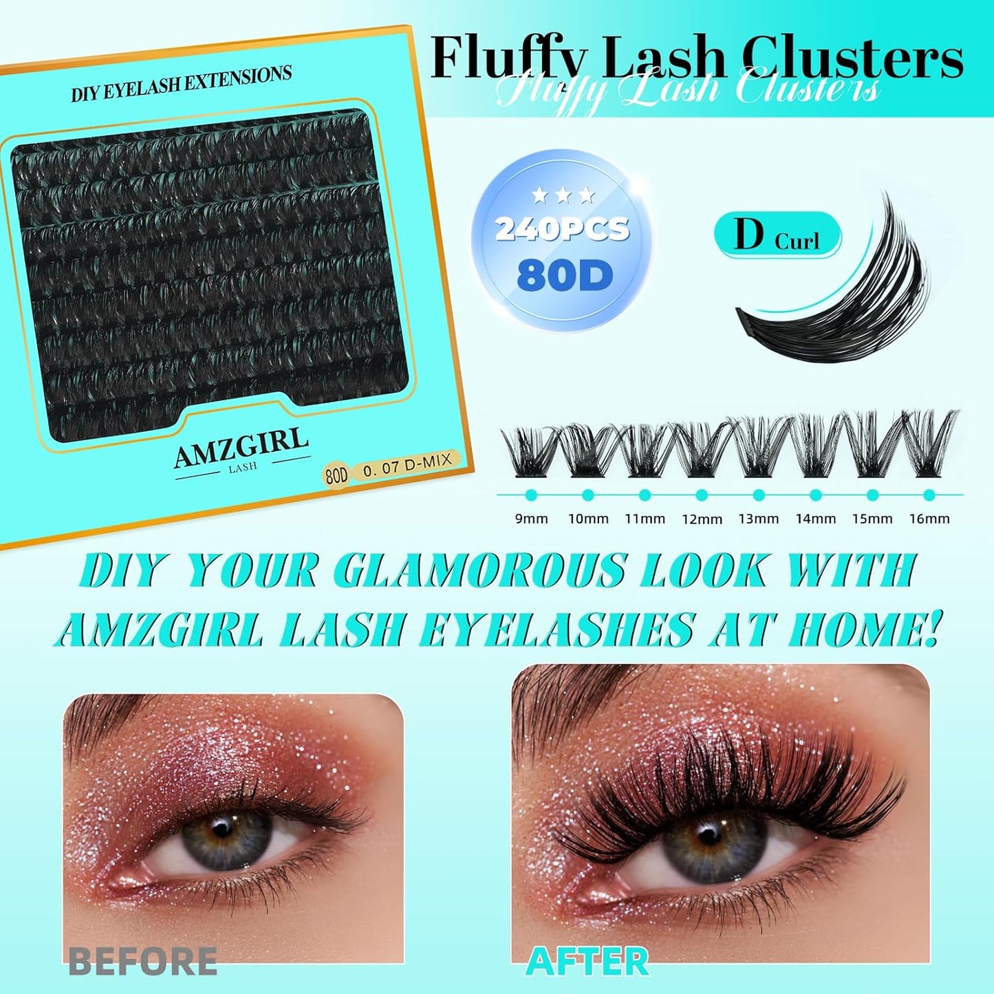 Lash Clusters 240pcs Eyelashes Cluster Individual Wispy Lashes Thin Band for D Curl Lash Extension Eyelashes for Beginners at Home,False Eyelashes Soft Eyelash Clusters(80D,D-Mix9-16mm)
