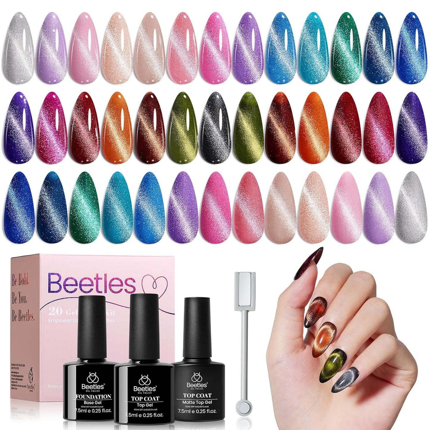 Beetles Cat Eye Gel Nail Polish Set - 20 Colors Nude Pink Green Blue Purple Brown Black Cat Eye Nail Polish Kit with Magnet Base Coat Glossy Matte Top Coat Soak Off UV Salon DIY Gift for Women