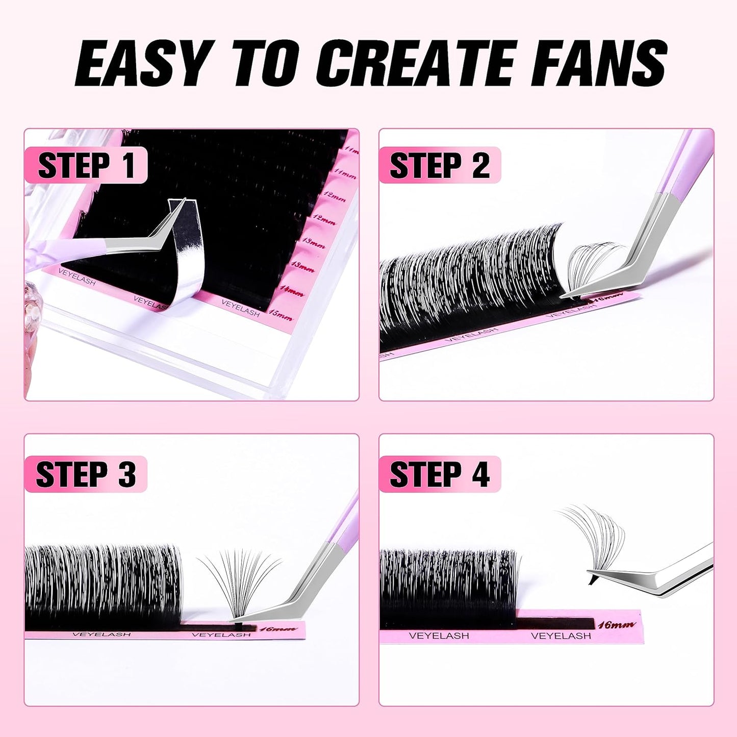 VEYES INC Cashmere Smart Fan Lash Extensions 0.03 0.05 0.07 C/CC/D Curl 8-20mm Mixed & Single Length, Super Matte Black Volume Lashes, Professional Supplies for Lash Techs (0.03 C 15mm)