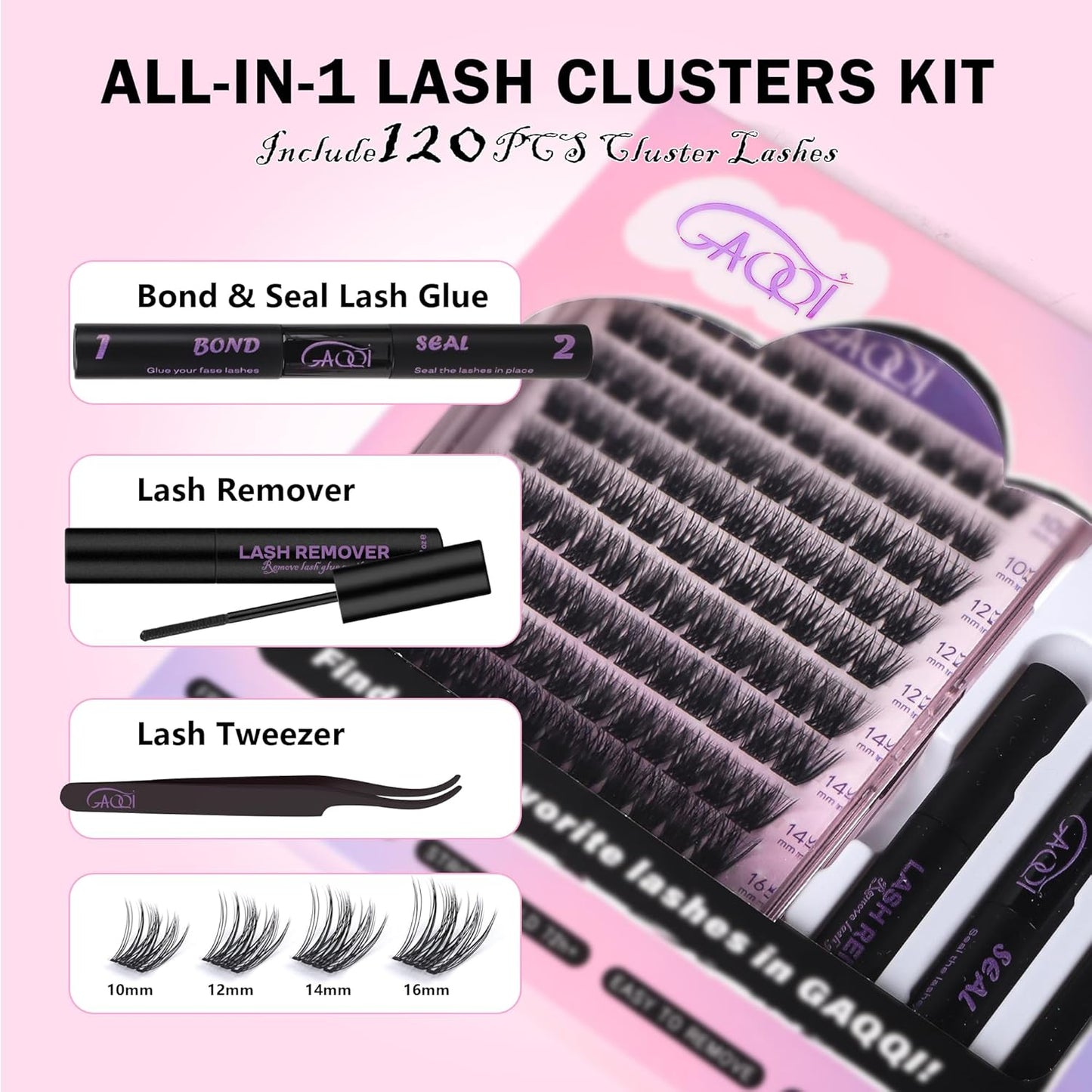 GAQQI Lash Clusters Kit, DIY Lash Extension Kit 120PCS Cluster Lashes C Curl, Wispy Eyelash Clusters 10-16MM with Lash Bond and Seal,Lash Remover and Lash Applicator (GQ19-KIT)