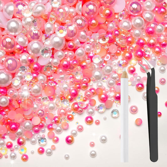 80g Mix Flatback Pearls and Rhinestones for Crafts Pink White Mixed Size 2mm-10mm Half Round Pearls