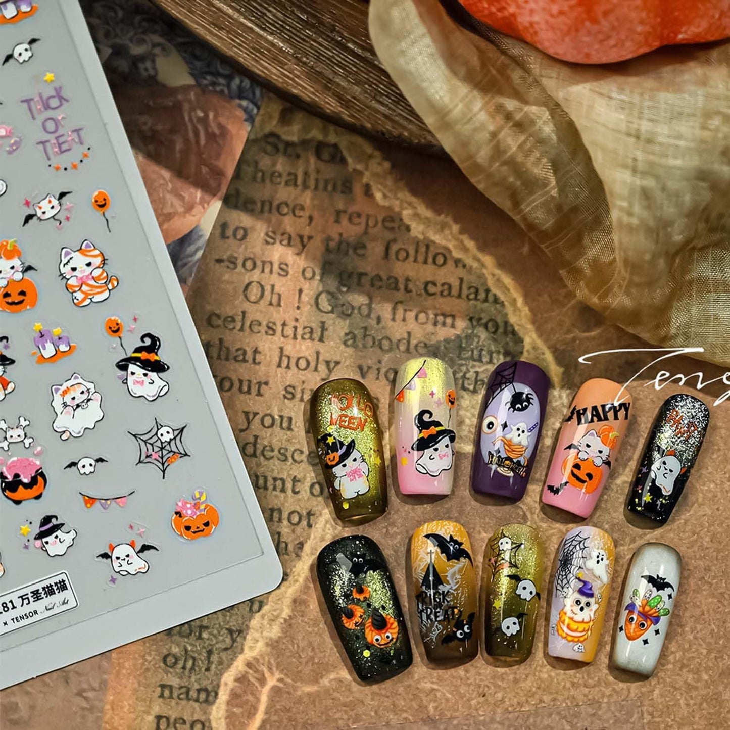 Halloween Nail Art Sticker Cute Cat Nail Stickers Pumpkin 5D Self-Adhesive Nail Decals Spider Web Bat Nail Sticker Ghost Nail Art Decal for Women DIY Manicure Decoration Supplies