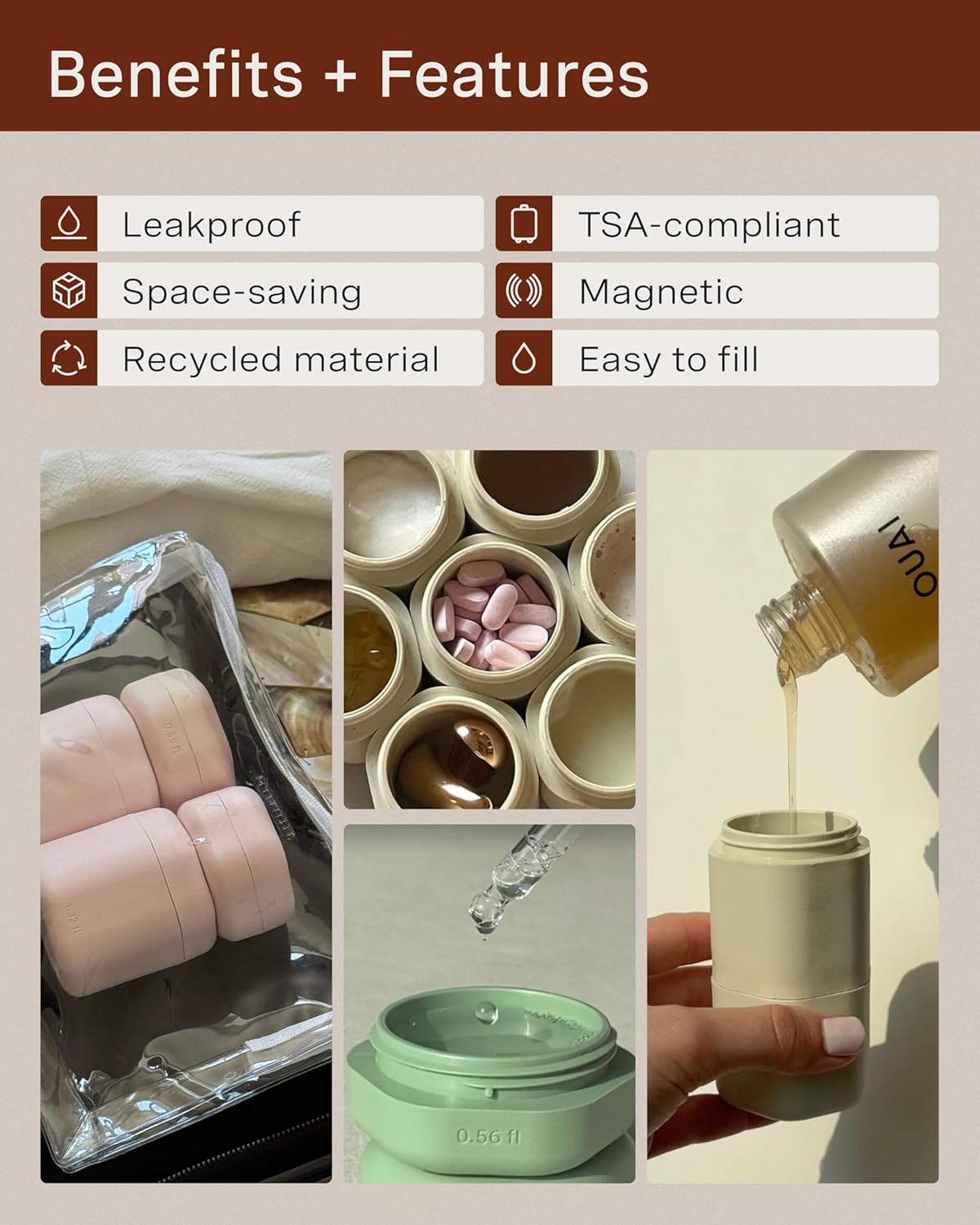 Cadence Travel Containers - Full Skincare Set - Magnetic Containers with Lids,Carry On Travel Essentials For Women/Men - 2 Small (0.56oz), 4 Medium Capsules (1.32oz), & Extender (1.43oz) - Pacific