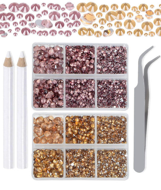 LPBeads 6000 Pieces Topaz and Lt Amethyst Non Hotfix Rhinestones 6 Sizes Round Crystal Glass Flat