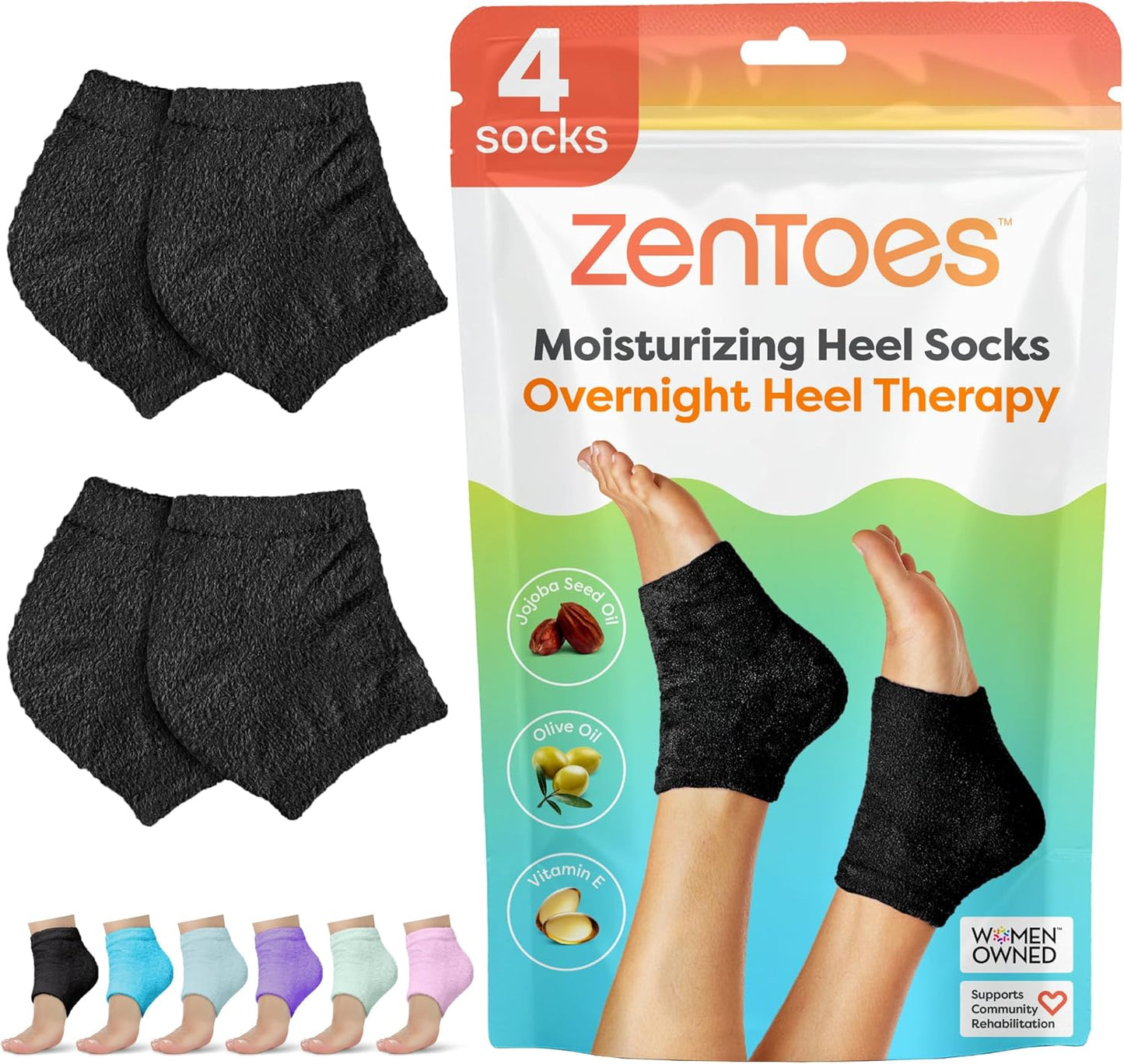 ZenToes Moisturizing Socks for Cracked Heel Treatment - Vitamin E, Olive Oil and Jojoba Oil Infused Heel Socks to Soften and Hydrate (Fuzzy Black, Regular)