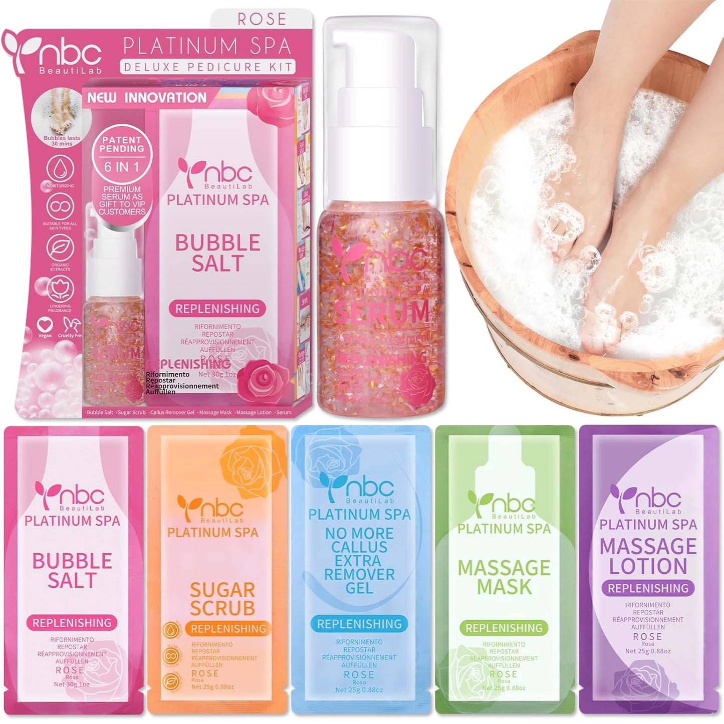 Pedicure Foot Soak Set - Upgraded 6 in 1 Foot Spa, Foot Bath Spa, Pedicure Kit, Foot Soak for Tired & Dry Cracked Feet, Athletes Feet, Bad Odor, Softens Calluses (Rose)