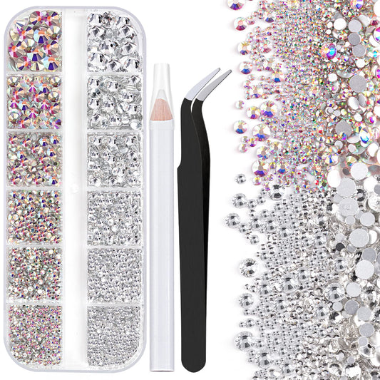 One Pack 2000 Pcs of Flatback Round AB Crystal+Transparent White Clear Rhinestones 6 Sizes (1.5-6