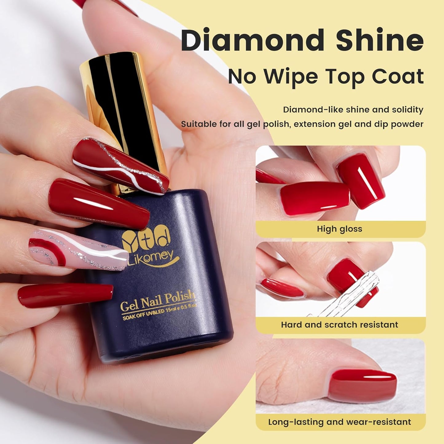 YTD Likomey Gel Nail Polish Base and Top Coat Set,2 Pcs 15ml Shine Gloss Nail Gel No Wipe Top Coat and Base Coat Kit