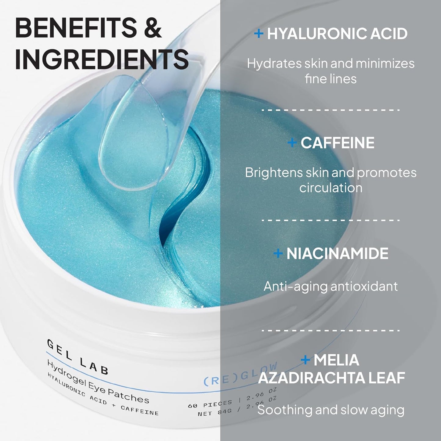 REGLOW Hyaluronic Acid & Caffeine Korean Skincare Eye Patches for Puffy Eyes, Dark Circles, and Wrinkles - Hydrating Under Eye Mask - 60 Gel Patches