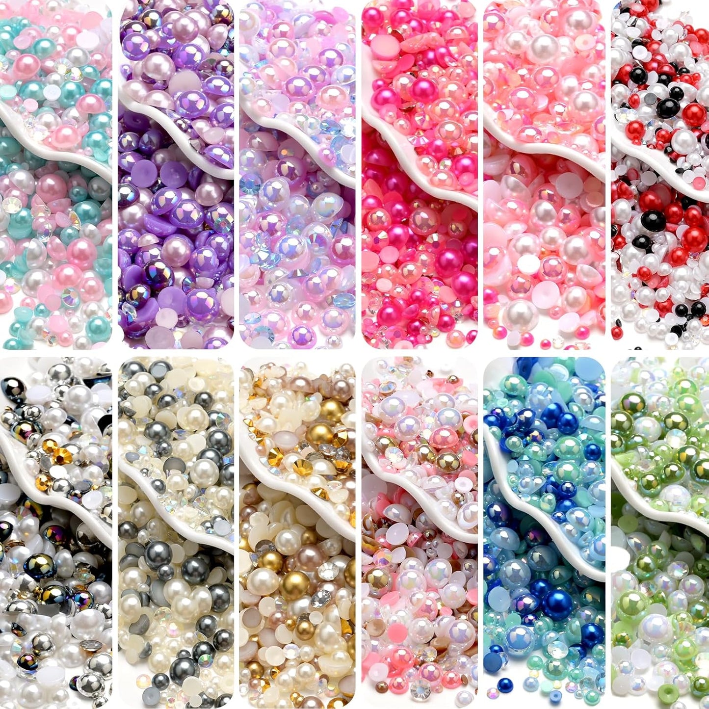 80g Mix Flatback Pearls and Rhinestones for Crafts Pink White Mixed Size 2mm-10mm Half Round Pearls Rhinestones for Nail Art Tumblers Shoes DIY Bedazzling with Tweezers Wax Pen