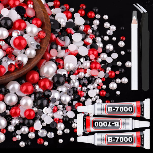 80g Flatback Pearls and Rhinestones for Crafting, Red White Black 3-10mm Resin Rhinestones and Half