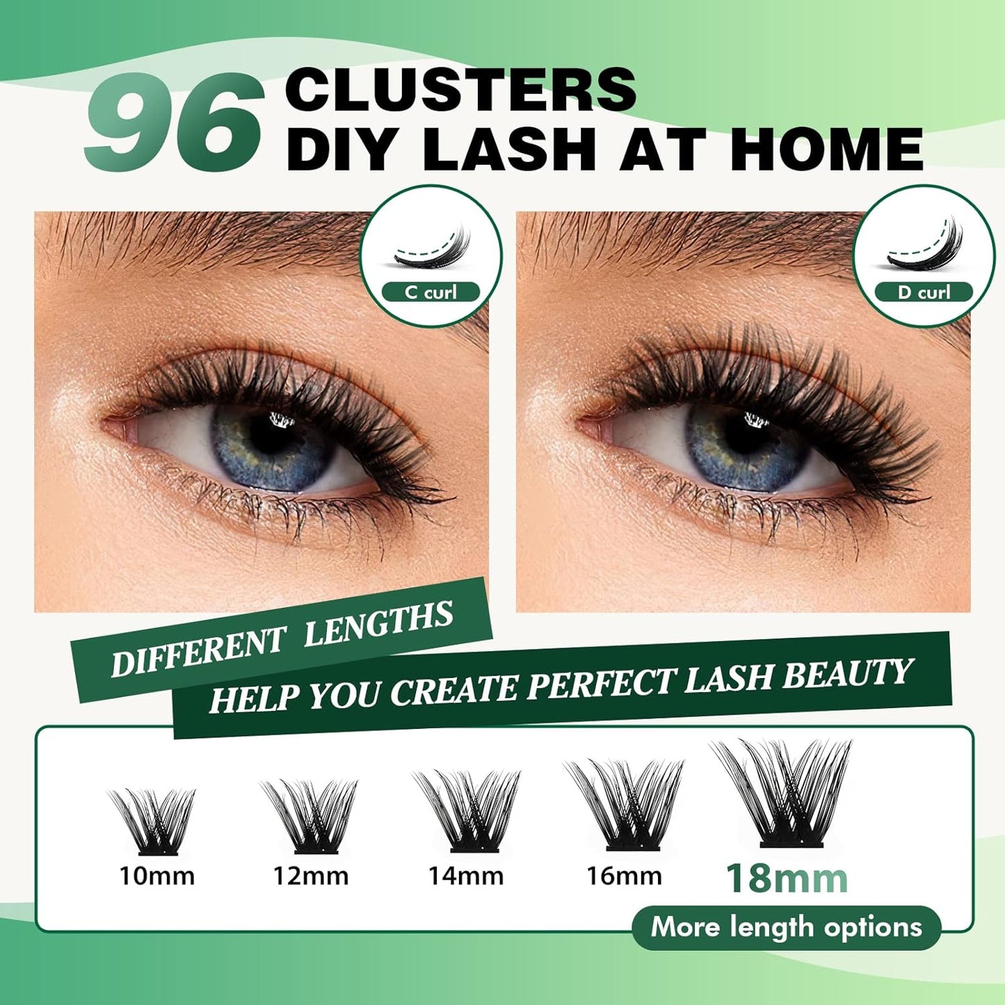 Lash Clusters,96 Pcs Cluster Lashes D Curl 10-18MIX DIY Lash Extensions Eyelash Clusters,KEYYOU Volume Wispy Individual Lashes Soft&Comfortable Easy DIY at Home(Y06,D-10-18MIX)
