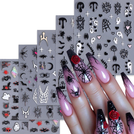 Embossed Halloween White Ghost Nail Stickers Decals Black Spider Web Bat Nail Art Sticker Decal
