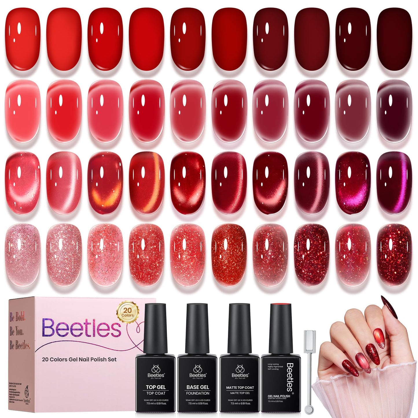 Beetles Red Gel Nail Polish Set, Jelly Glitter Cat Eye Solid Color