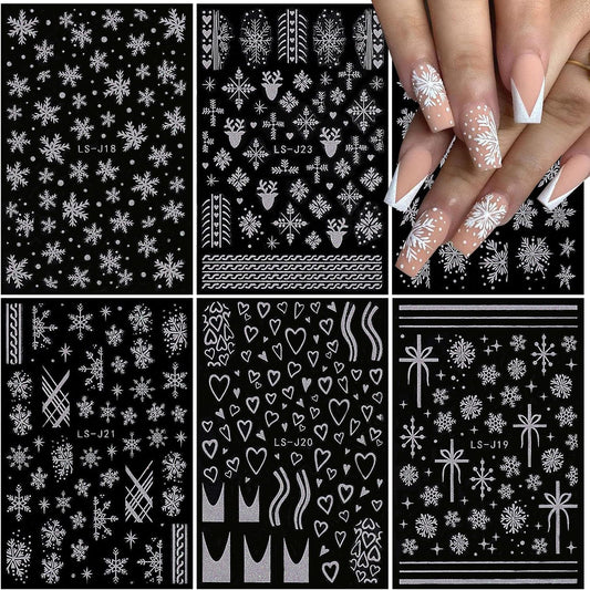 6 Sheets Glitter Silver Snowflake Nail Art Stickers 3D Christmas Nail Decals Self Adhesive Xmas Winter Nail Design Holiday Reindeer Snowflakes Nail Stickers for Women Girls Christmas Nail Decoration