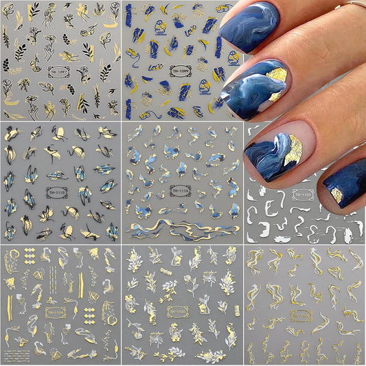 9 Sheets Marble Nail Stickers Flower Nail Art Stickers 3D Self-Adhesive Silver Gold Nail Decals