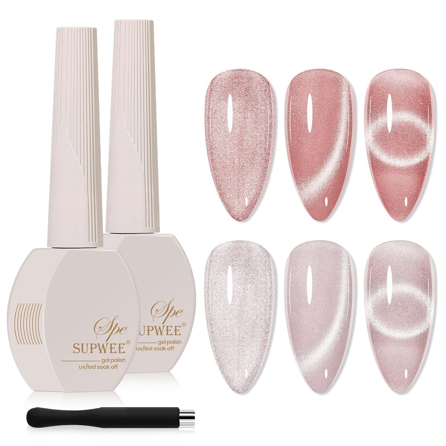 2PCS 15ML CatEye Gel Nail Polish, Nude Pink Cat eye Gel Polish Crystal Glitter Shimmer Effect with Magnetic Stick Soak Off Salon DIY at Home