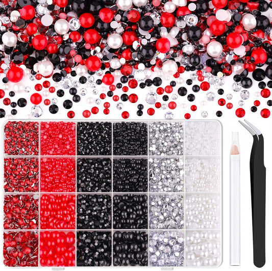 9000PCS Flatback Pearls and Rhinestones for Crafting, Red White Black Mixed Size 3-10mm Resin
