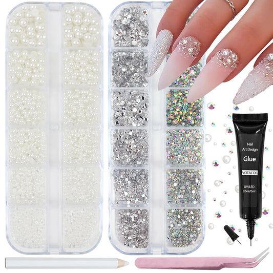 Nail Art Pearls Rhinestones with Glue Gel White Flatback Pearls Luxurious Nail Charms Supplies