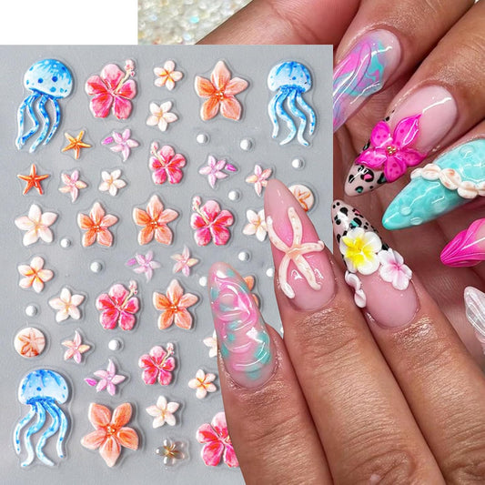Summer Nail Art Stickers Decals Starfish Jellyfish Flower Nail Stickers Self Adhesive Nail Design