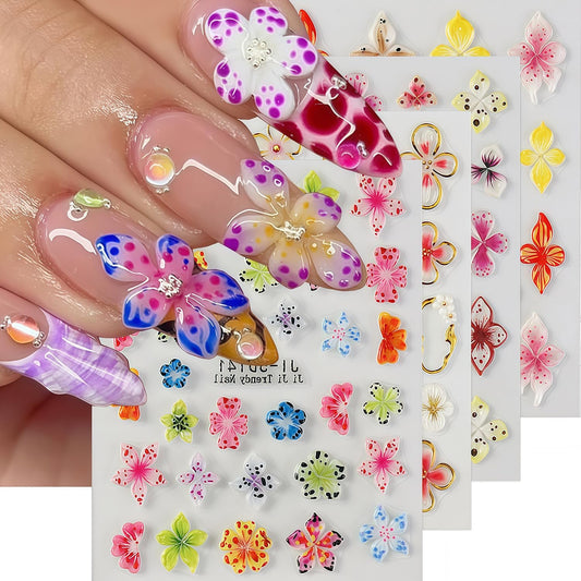 Flower Nail Stickers for Nail Art Hawaiian Flowers Nail Decals 5D Self-Adhesive Embossed Floral