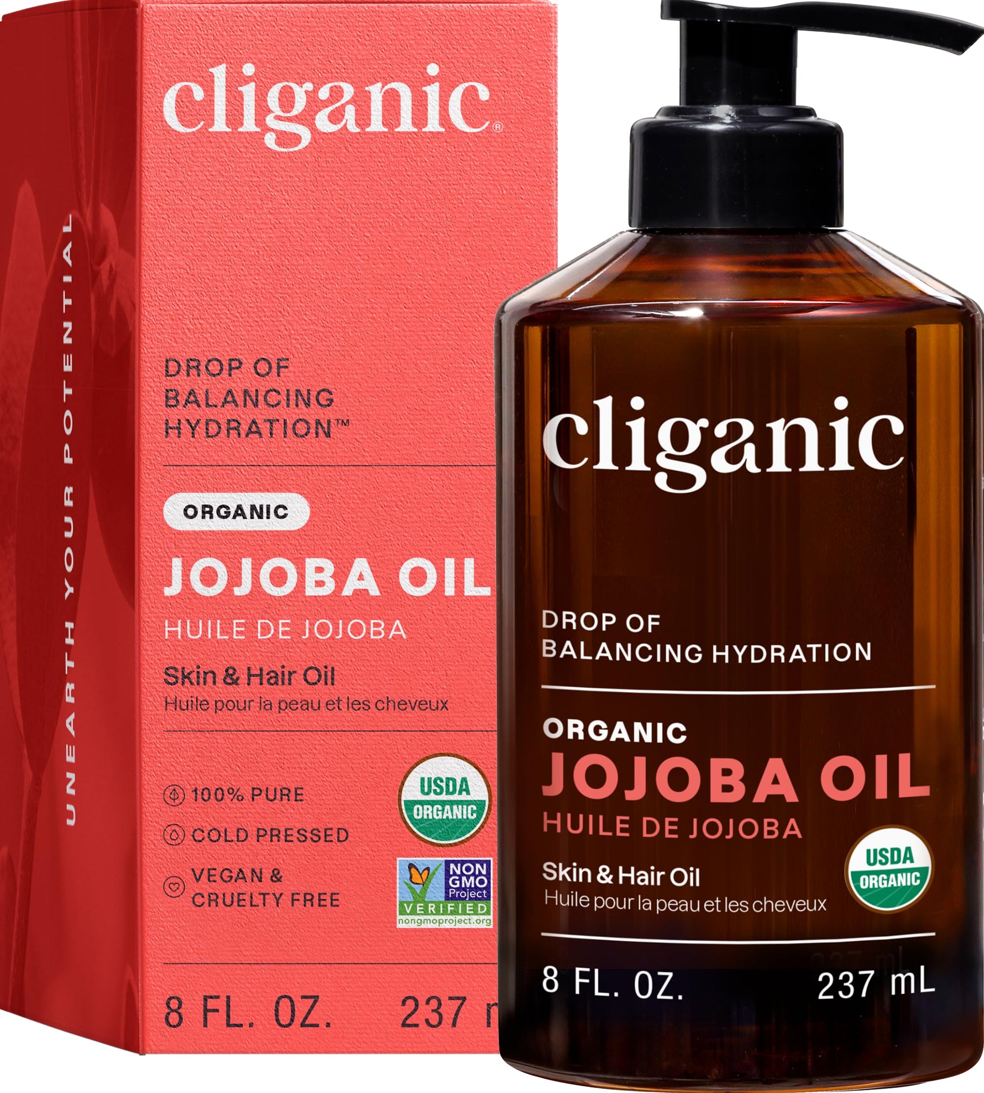 Cliganic Organic Jojoba Oil, 100% Pure (8oz) | Moisturizing for Face, Hair, Skin & Nails | Natural