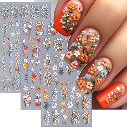 5D Embossed Nail Stickers 3Pcs Summer Colorful Flowers Leaves Nail Stickers for Nail Art Spring